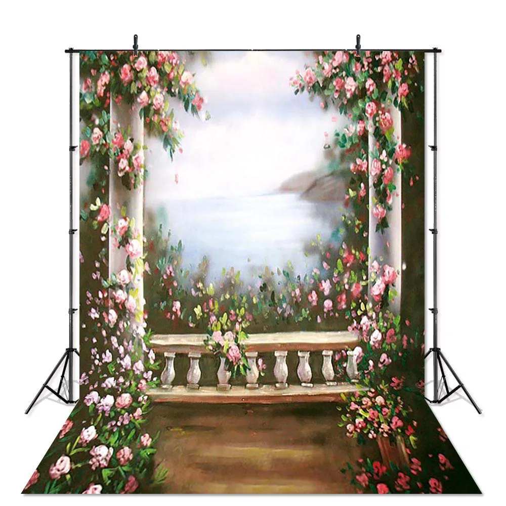 

Hand Drawn Oil Painting Flower Photography Backdrop Vintage Garden Castle Print Background Children Photoshoot Photo Studio