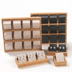 Caja organizadora de cuentas de madera, soporte para pendientes de boda, bandeja de madera de terciopelo Beige, caja de collar de terciopelo, soporte de exhibición de joyería