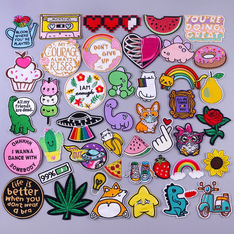 Cute Cartoon Rainbow Dinosaur Embroidery Patch Hippie Letters Animal Clothing Thermoadhesive Patches Cheap Badges DIY Applique