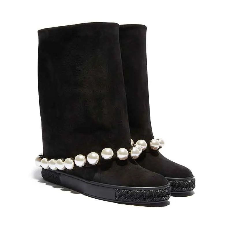 INS woman pearls beading Inner-increasing mid-boots inner hidden wedge heel rubber sole  black suede woman Roman boot