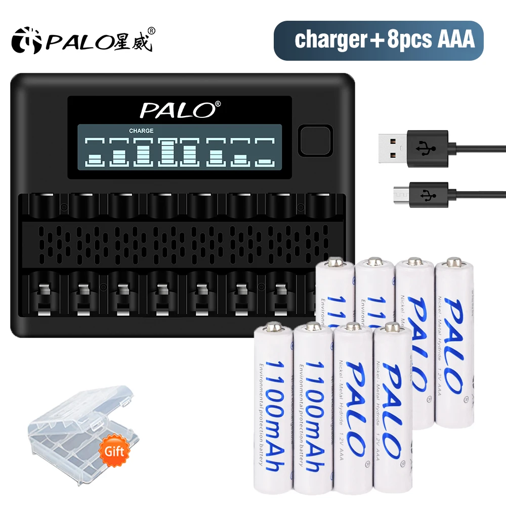 PALO AAA rechargeable batteries 1.2V AAA battery 3A aaa 1100mAh with 8slots Smart Fast Battery charger for 1.2V AA/AAA battery