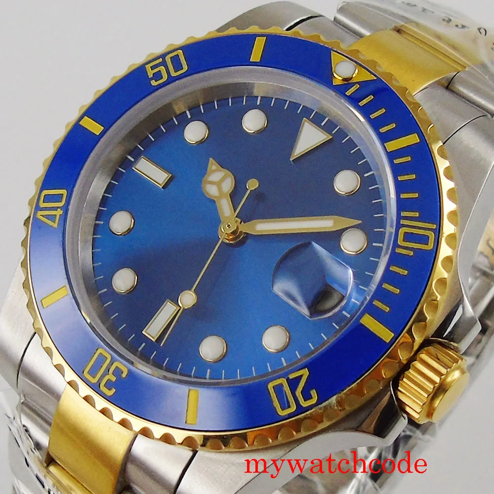 Nologo Two Tone Gold Blue SUB Automatci Watch Men NH35 PT5000 MIYOTA 100M WATERPROOF Sunburst Blue Dial 904L Band Reloj Hombre