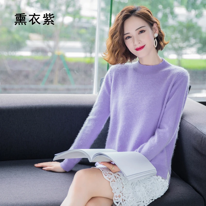 Winter 100%Mink Cashmere Women Half High Neck Fashion Knit Thick Solid Color Sweater Long Sleeve Large Size Base Warm Top 2021