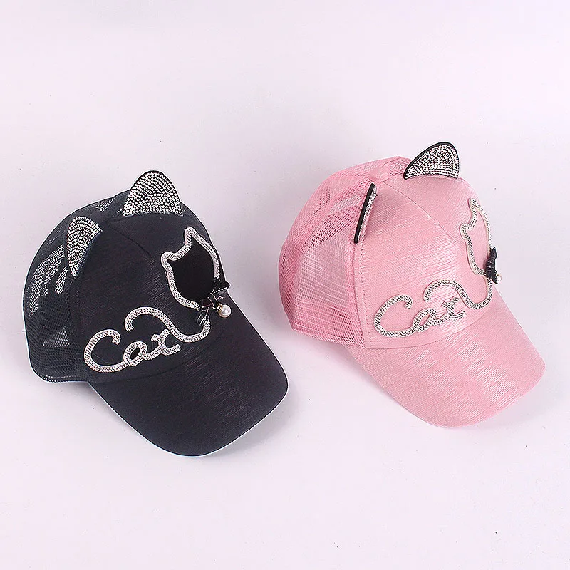 Summer Kids Baseball Cap Cat Ears Baby Hat Girls Snapback Breathable Mesh Hip Hop for 3-8 Years Old