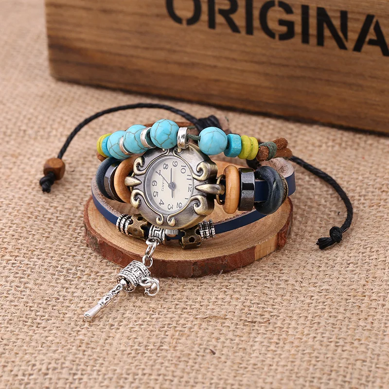 Jessingshow 2021 feminino casual vintage multicamadas pulseira de couro genuíno senhoras relógio de pulso artesanal trançado relógios