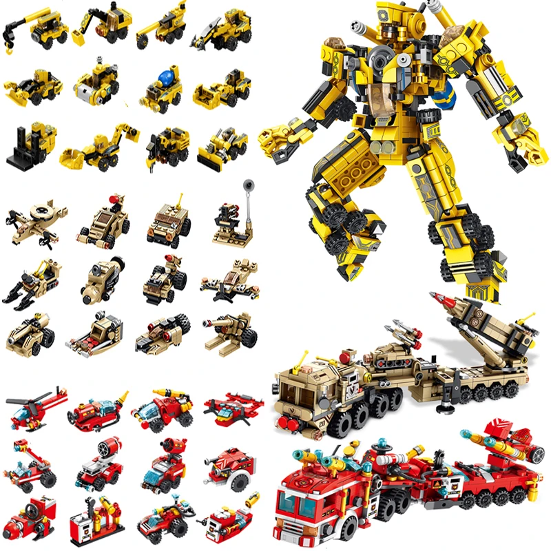 Fire trucks police cars helicopters transformaersing robot Racing Car Building Blocks Bricks City Toy For Children