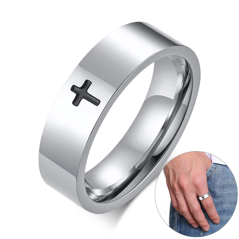 6mm 8mm Stainless Steel Cross Ring Christian Jesus Christ Lord Prayer for Men and Women