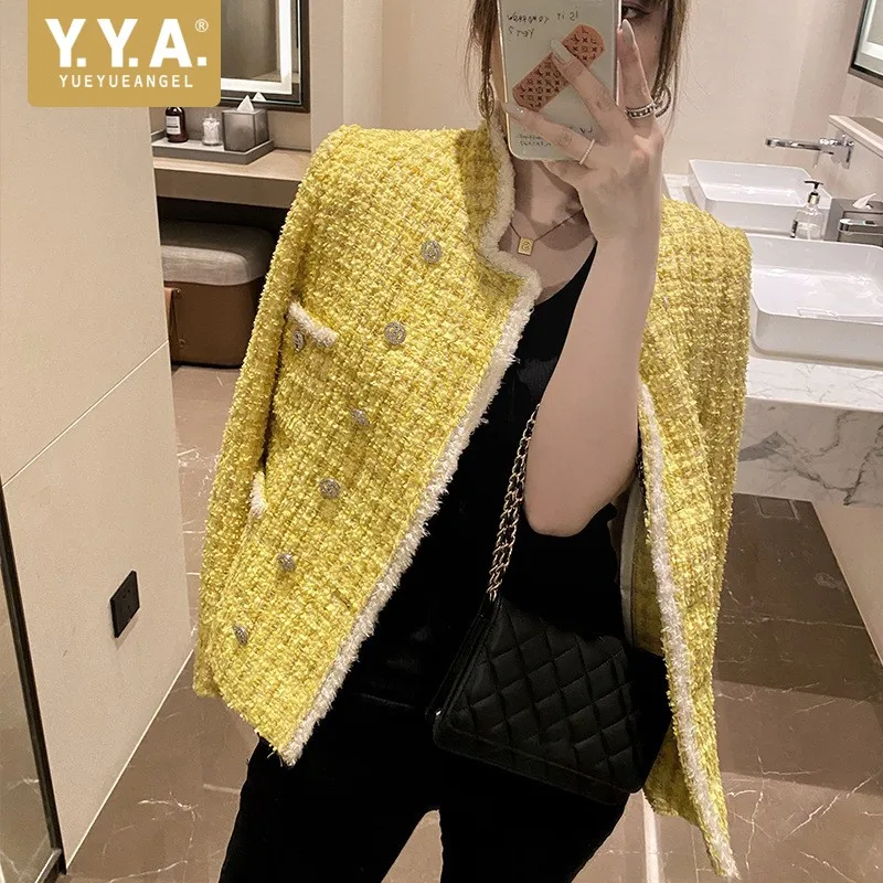 Brand Elegant Women Tweed Jacket Top Quality Vintage Slim Fit Office Lady Plaid Coat Crystal Double Breasted Stand Collar Jacket