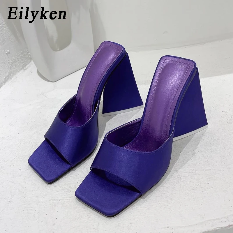 Eilyken 2024 New Arrival Summer Silk Triangle Square Heels Slippers Sexy Street Woman Party Square Toe Dress Slides Shoes