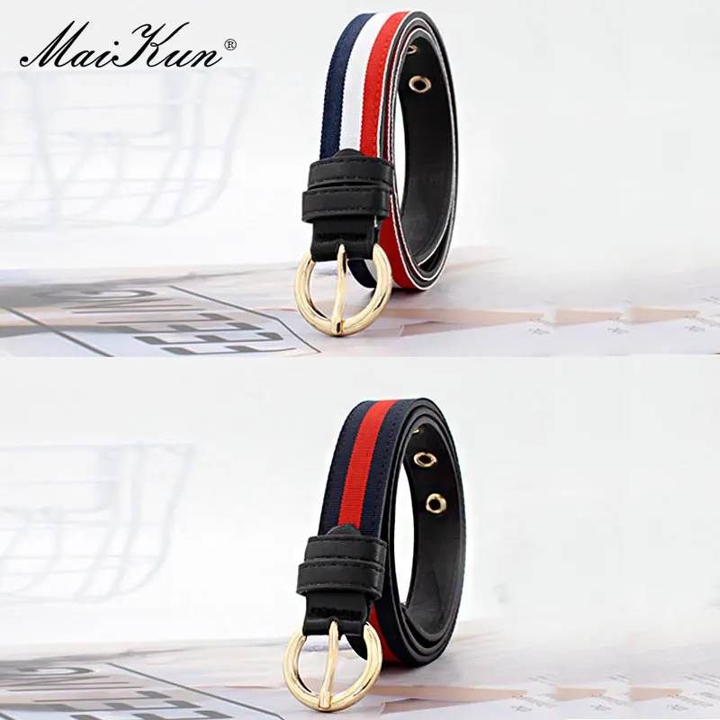 MaiKun Belts for Women Pin Buckle PU Leather Thin Women Belt Stripe Canvas Waistband for Pants Skirt