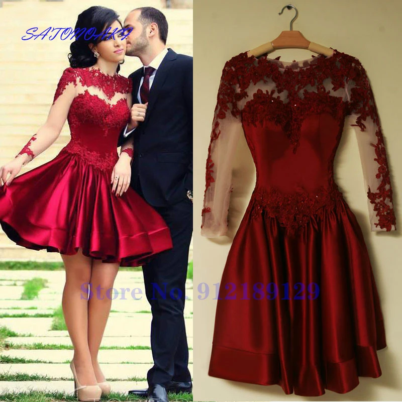 Burgundy 2021 Homecoming Đầm Chữ A Cổ Cao Dài Tay Appliques Ren Thanh Lịch Cocktail Ngắn Áo Vestidos De Fiesta