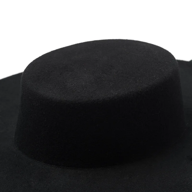 King Wheat New Winter Big Brim Flat Roof Black Wool Women\'s Fedoras Stage Performance Shot Bandage Solid Simple Fashion Felt Cap