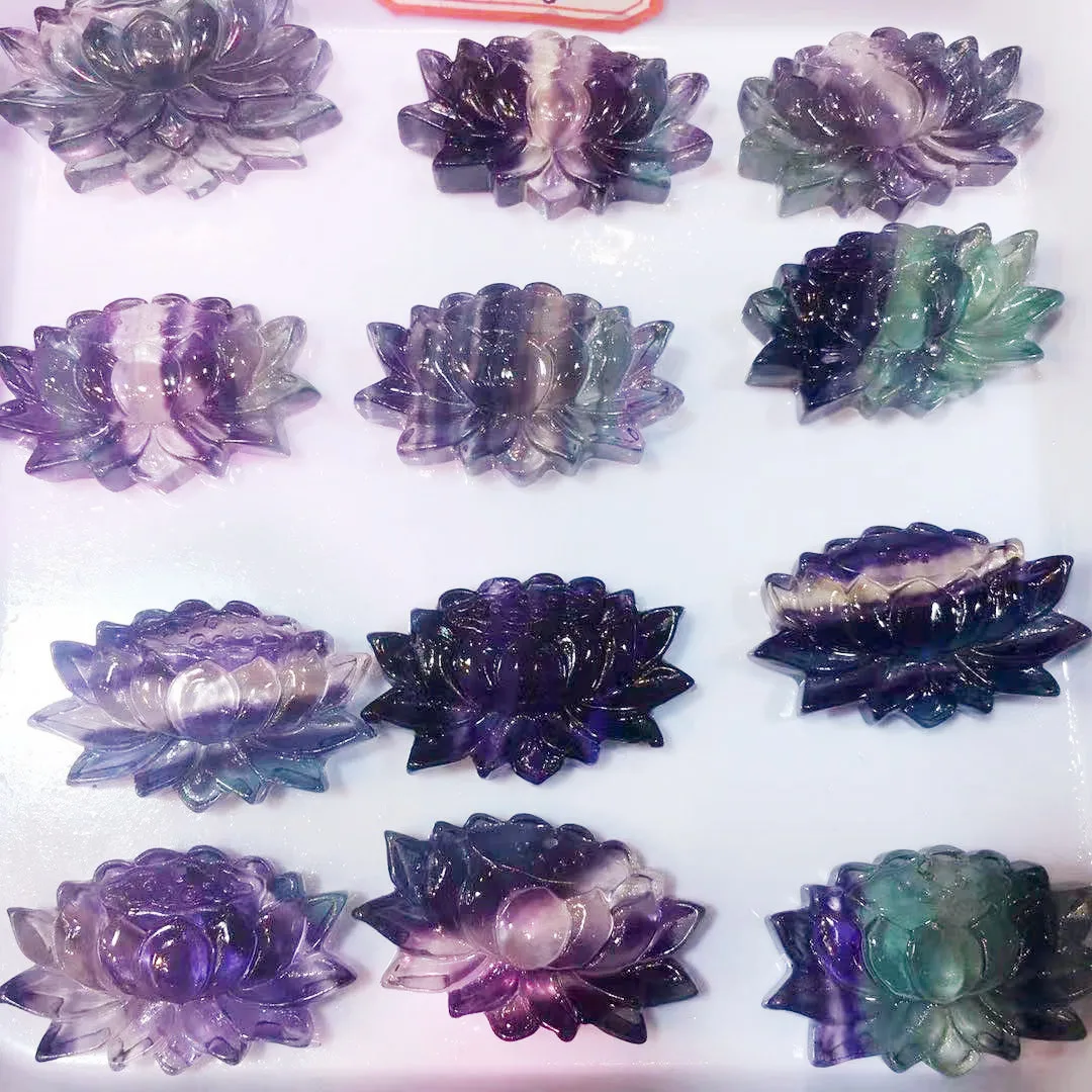 

Natural Rainbow fluorite Figurines colorful stone crystal Lotus flower Ornament