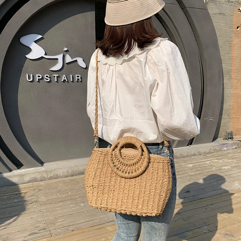 Summer Women Straw Beach Bag Handmade Crossbody Bag Raffia Circle Rattan Bags Bohemian Casual Woven Basket bags