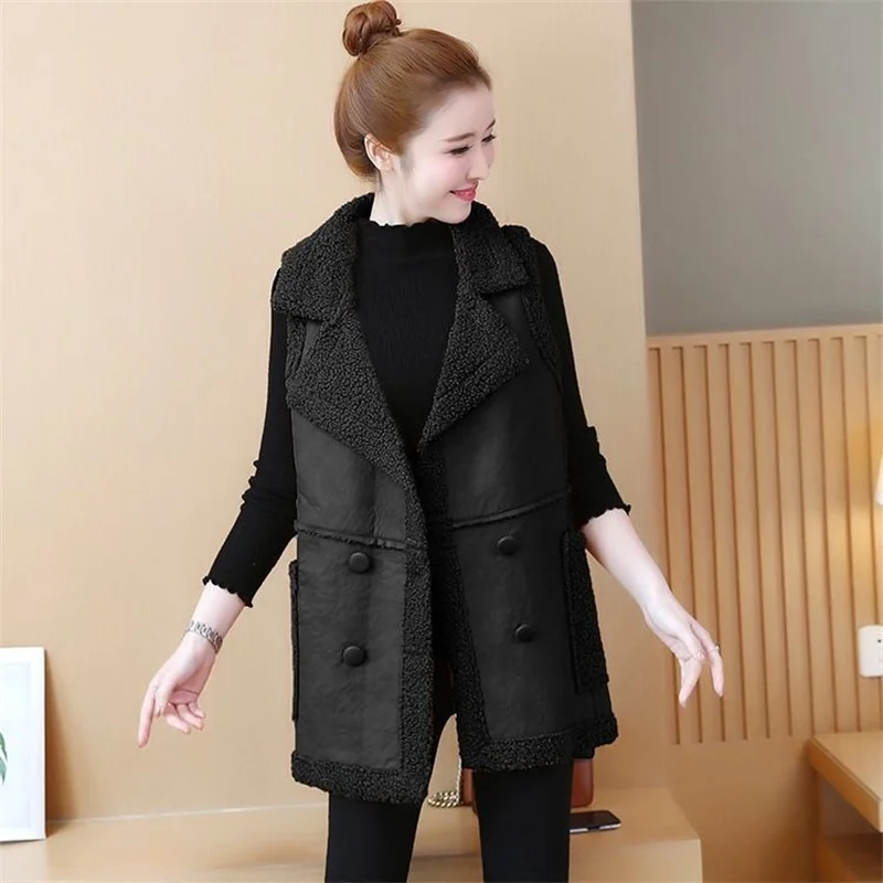 Vintage Women Winter Imitate Fur One-piece Waistcoat Mid-length Vest Cardigan Female Loose Velvet Thick Vest Tide A955