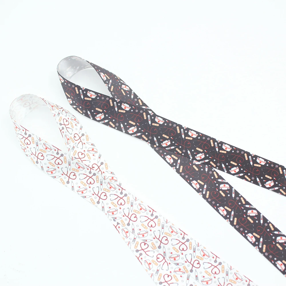 

Nurse Ribbon Medical Theme for ID Lanyards, Gift Wrap, Quilting, Sewing, Printed on 1" Black or White Satin Ribbon