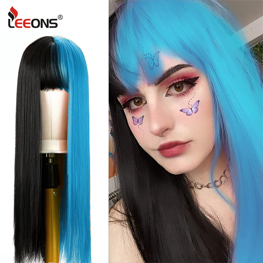 Leeons Lolita Cosplay peruka pół czarny pół niebieski peruka różowa i czarna peruka długie proste włosy Cosplay peruka Two Tone Ombre syntetyczny