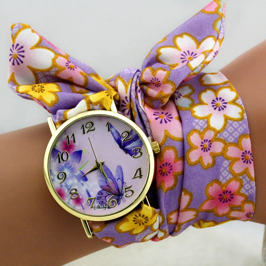 Shsby Design Ladies Flower Cloth Wrist Watch Gold Fashion Women Dress Watches High Quality Fabric Clock Sweet Girls Watch