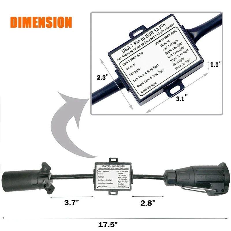 Usa Europese Trailer Licht Converter 7 Manier Platte Socket (Ons Voertuig) om 13-Pin Ronde Plug (Eu Trailer)