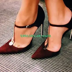 Escarpins en Daim à Lanières en T pour Femme, Chaussures Sexy à Talons Hauts et Fins, de Couleur Bordeaux