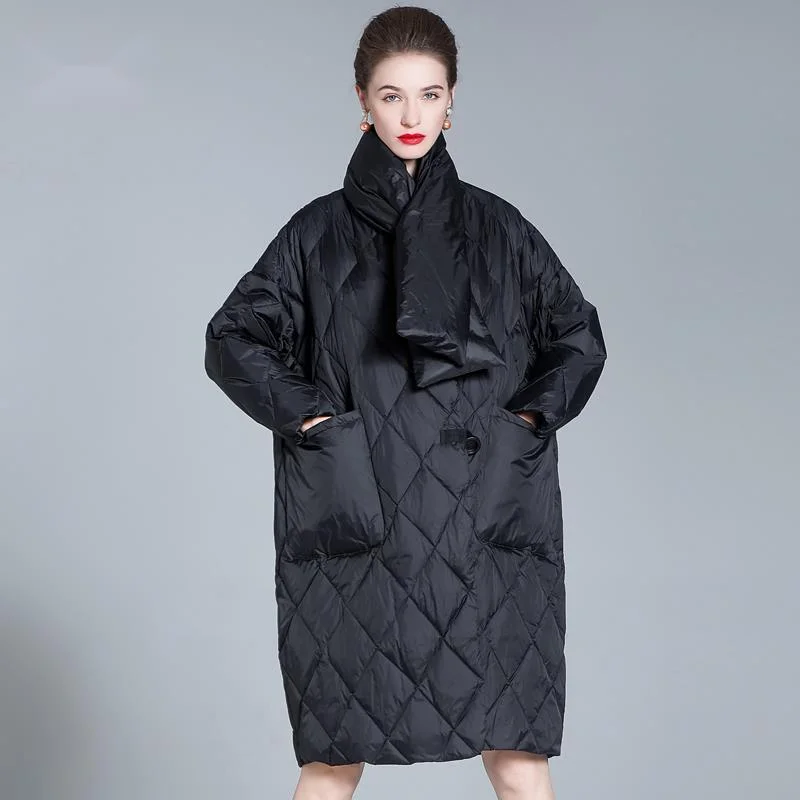 2021 Winter Women\'s Down Jacket With A Scarf Quilted Padded Coats Female Long Puffer Jacket Warm Parka Ladies Portable Outerwear