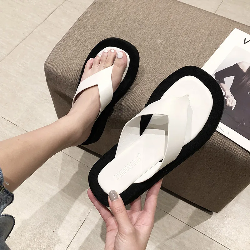 women famous designer clip toe slippers ladis platform jandal slides beach shoes black/white mixed color thick bottom flip flops