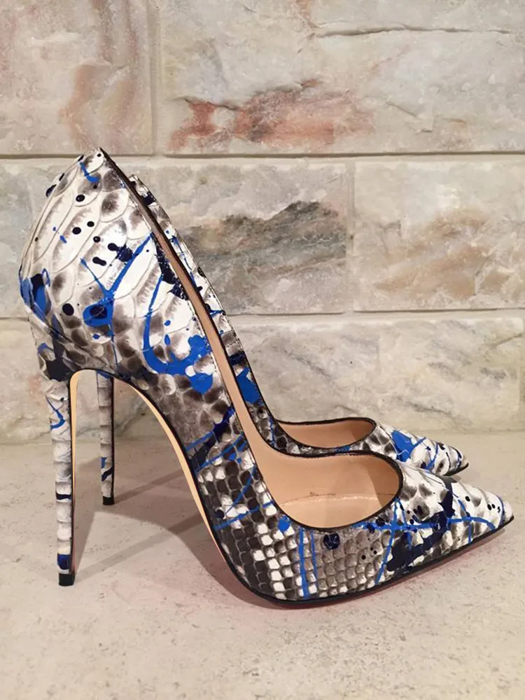 

Female Sexy Blue Printed Snakeskin Wedding Pumps Stiletto Heels Pointed Toe Slip-On Party High Heels Dress Single Shoes