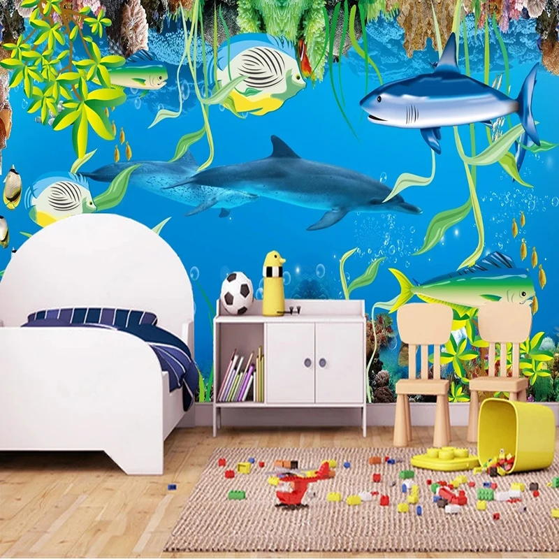 Custom 3D Any Size Self-Adhesive Children's Room Cartoon Fish Kids Decoration Wall Painting Papel De Parede Tapety Sticker