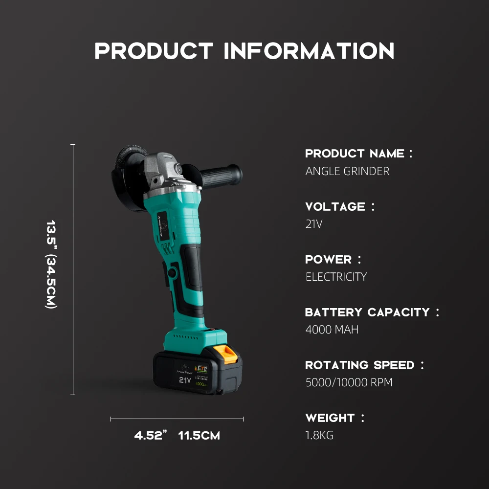 3 Speed Adjustable Polishing Brushless 21V Wireless Electric Angle Grinder Cordless Rechargeable Lithium Battery Cutting Machine