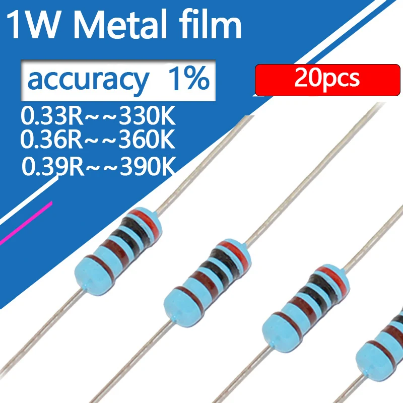 20pcs 1W Metal Film Resistor 0.33 0.36 0.36 3.3 3.6 3.9 33 36 39 330 360 390 R K ohm Five-color Ring 1% Resistance 0.33R 0.36R