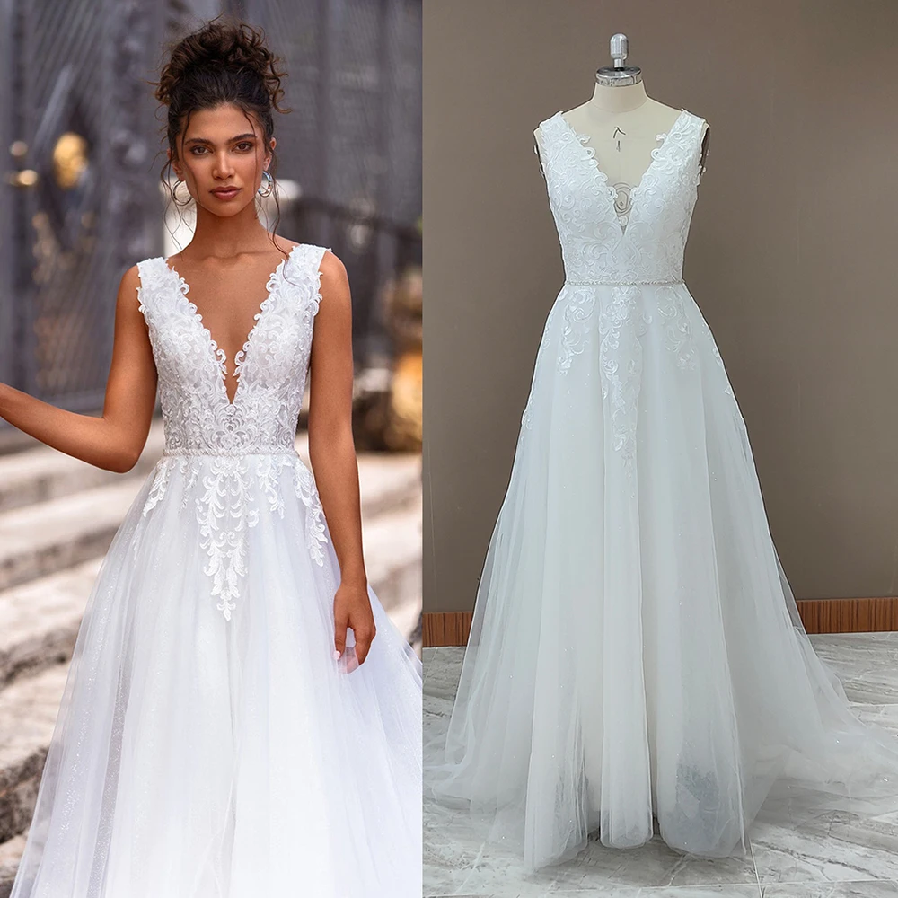 V-Neck Lace Beach Maxi Bohemian Wedding Dress A Line Tulle Short Train Elegant 2021 Party Backless Princess White Bridal Gowns