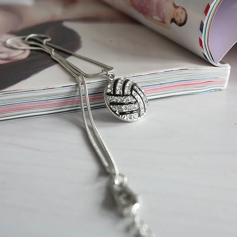 Fashion Crystal Volleyball Shape Pendant Necklace Link Chain Sports Jewelry For Teen Girls