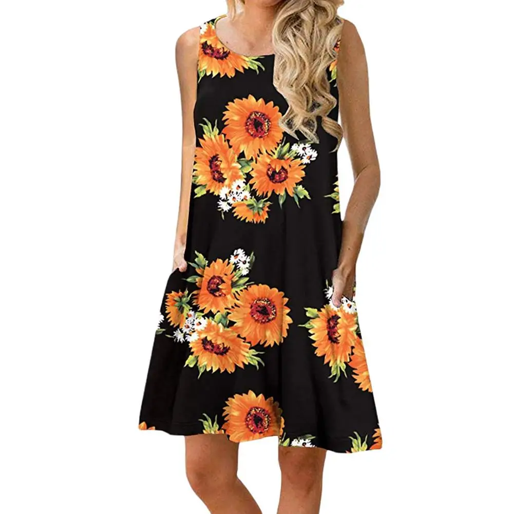 Strand Floral sleeveles Kleid Frauen Sommer Tasche Absicherung Tank kleid O-kragen Atmungsaktiv lady druck lose große saum mini kleid