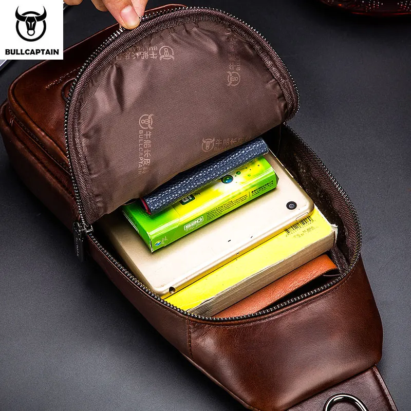 BULLCAPTAIN Couro Genuíno Saco Peito dos homens Moda Lazer Multifuncional Crossbody Bag Música Saco Peito dos homens Saco Peito