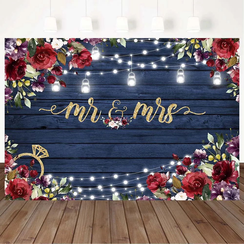 

Mocsicka Mr & Mrs Wedding Wood Backdrop for Photography Flowers Red Rose Lights Bride Groom Photo Background Photo Studio Props