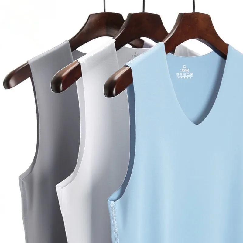 Spring Summer New Men's Top Tanks Thin Seamless Wide-Shoulder V-Neck Ice Silk Vest Sports Fitness Running Quick-Drying Clothes