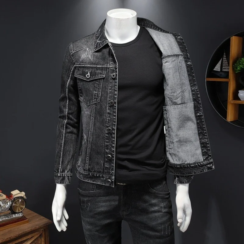

2022 Streetwear Autumn Mens Casual Denim Jacket Slim Fit Long Sleeve Single Breasted Outerwear Vintage Hole Biker Jackets Male