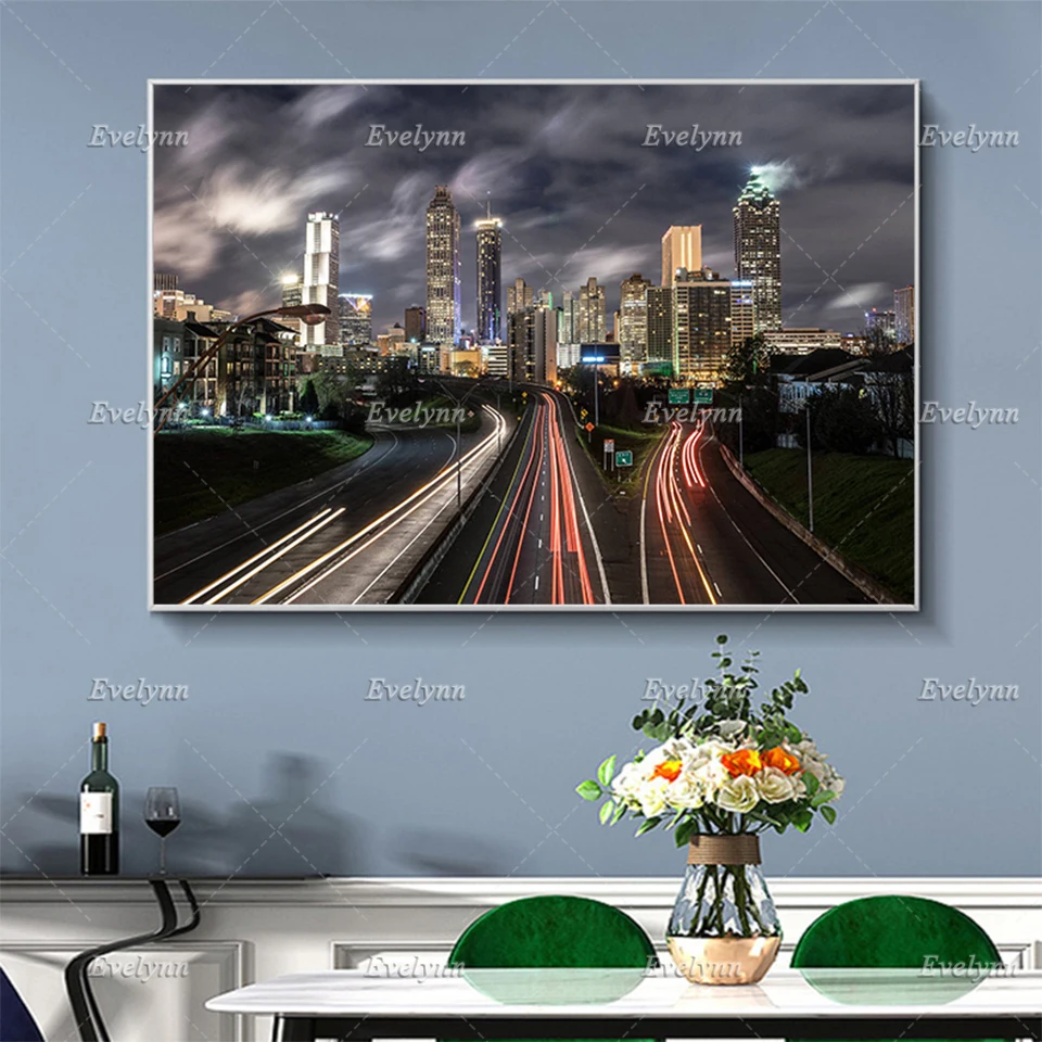 Jackson Street Bridge Posters-Atlanta Skyline- Long Exposure At Midnight -Wall Art Prints Home Decor Canvas Gift Floating Frame