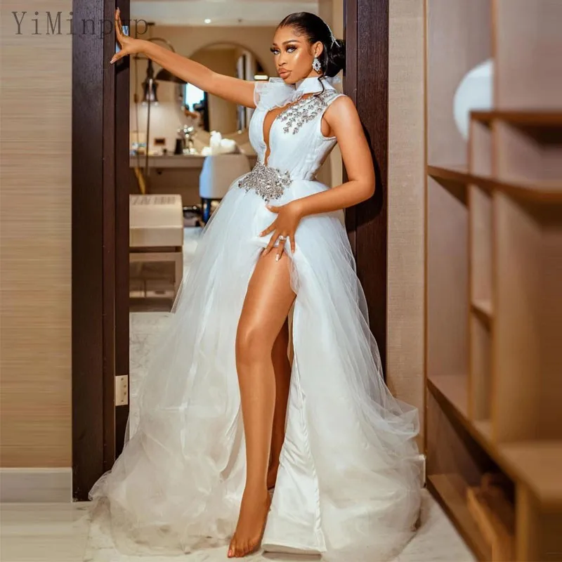 YiMinpwp White Wedding Dresses African Black Bride Robes High Neck Thigh-High Slits Hollow Beaded Crystal Bridal Shower Dress