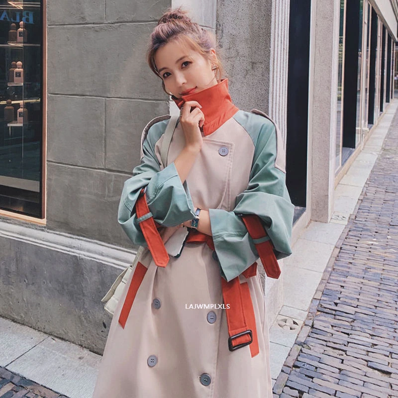 2021 Korean New Autumn Fashion Color Block Trench Coat Women Streetwear Red Belt Pocket Coat Trench Coat Women Spring FY135