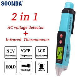 2 in 1 Non-contact AC Voltage Detector Tester Meter Infrared Thermometer Pen style Voltage Detector LCD Alarm Self-testing