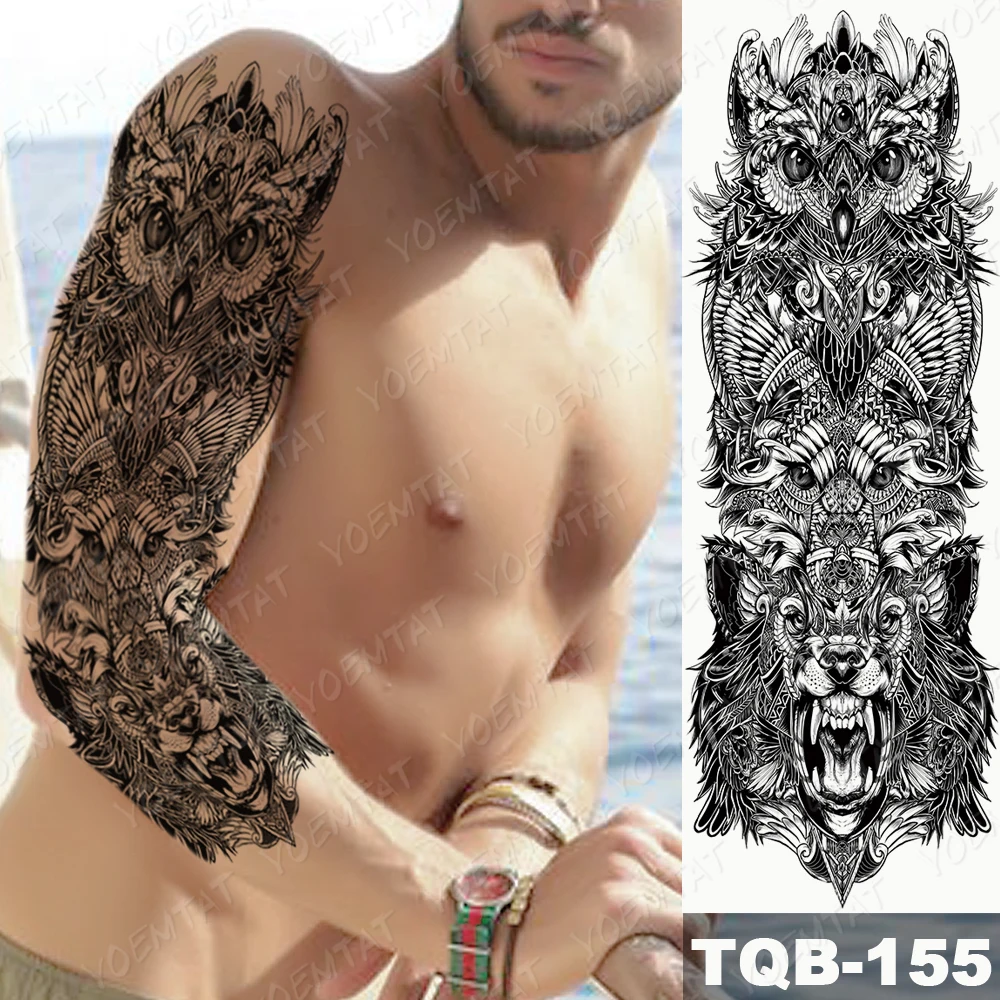 Large Arm Sleeve Tattoo Snake Owl Bear Maori Waterproof Temporary Tatto Sticker Skull Totem Body Art Full Fake Tatoo Women Men