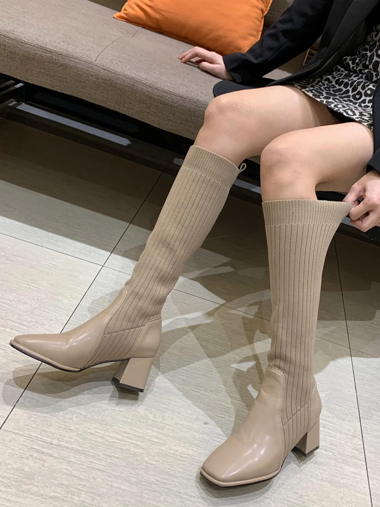 

Socks Boots Women's Shoes 2021 New Autumn Knitted Stretch Stitching Breathable Thick Heel Fashion Long Boots Women Boots