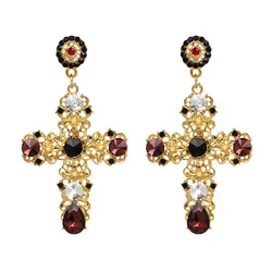 Baroque Luxury Gold color Crystals big Cross Drop Earring Pearl Flowers metal hollow long Earring Multicolor Large Hot Design