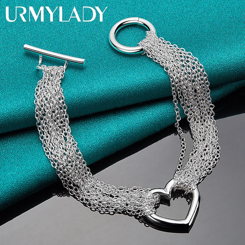 

URMYLADY 925 Sterling Silver Multi-Chain Heart Charm Bracelet For Women Men Wedding Party Fashion Jewelry