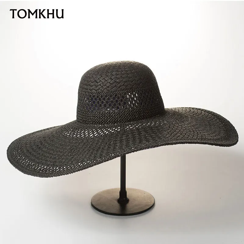 New Summer Big Wide Brim Handmade Paper Straw Hats For Women Hollow Casual Panama Boater Hat Fashion Solid Color Beach Sun Hat