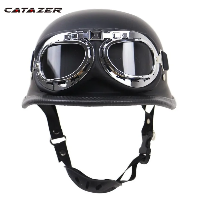 Classic Locomotive Retro Helmet German Helmet Motorcycle Helmet Outdoor Riding Bicycle Half Helmet with Glasses 5 Sizes Black