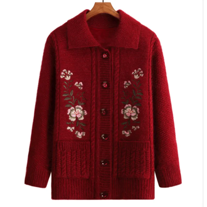 

Seniors Women‘s knit Cardigan Sweater New Autumn Winter Jacket Thicken Sweater Female Single-breasted Knit Cardigan Coats