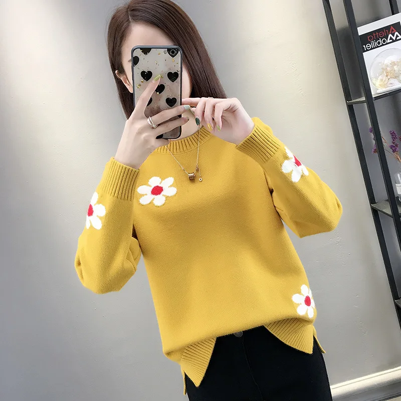 New Autumn Long-Sleeved Bottoming Sweater Women Korean Flower Pullover Sweater  Fashion Slim Warm Knitt Sweater Lady Outer Wear