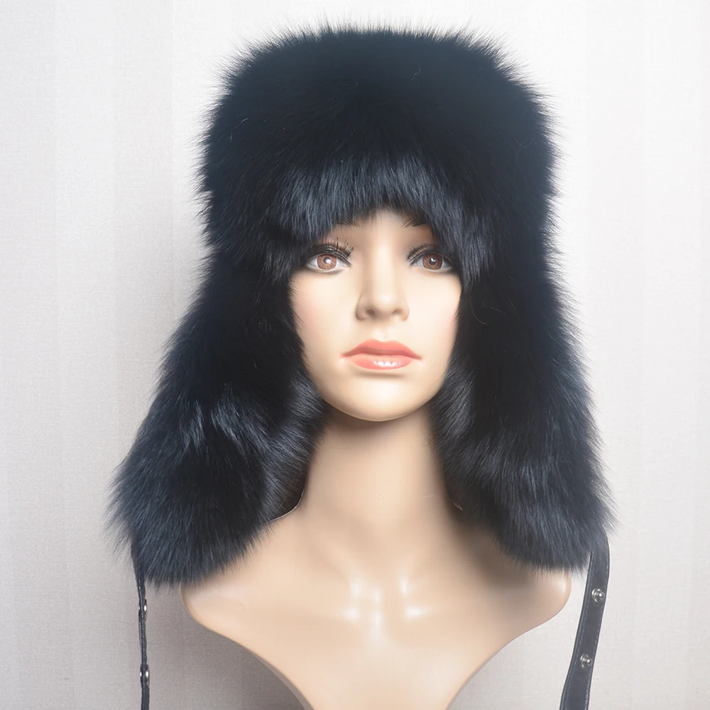 Women Outdoor Windproof 100% Real Fur Hat Natural Silver Fox Fur Russian Ushanka Hats Winter Thick Warm Ears Fashion Bomber Cap